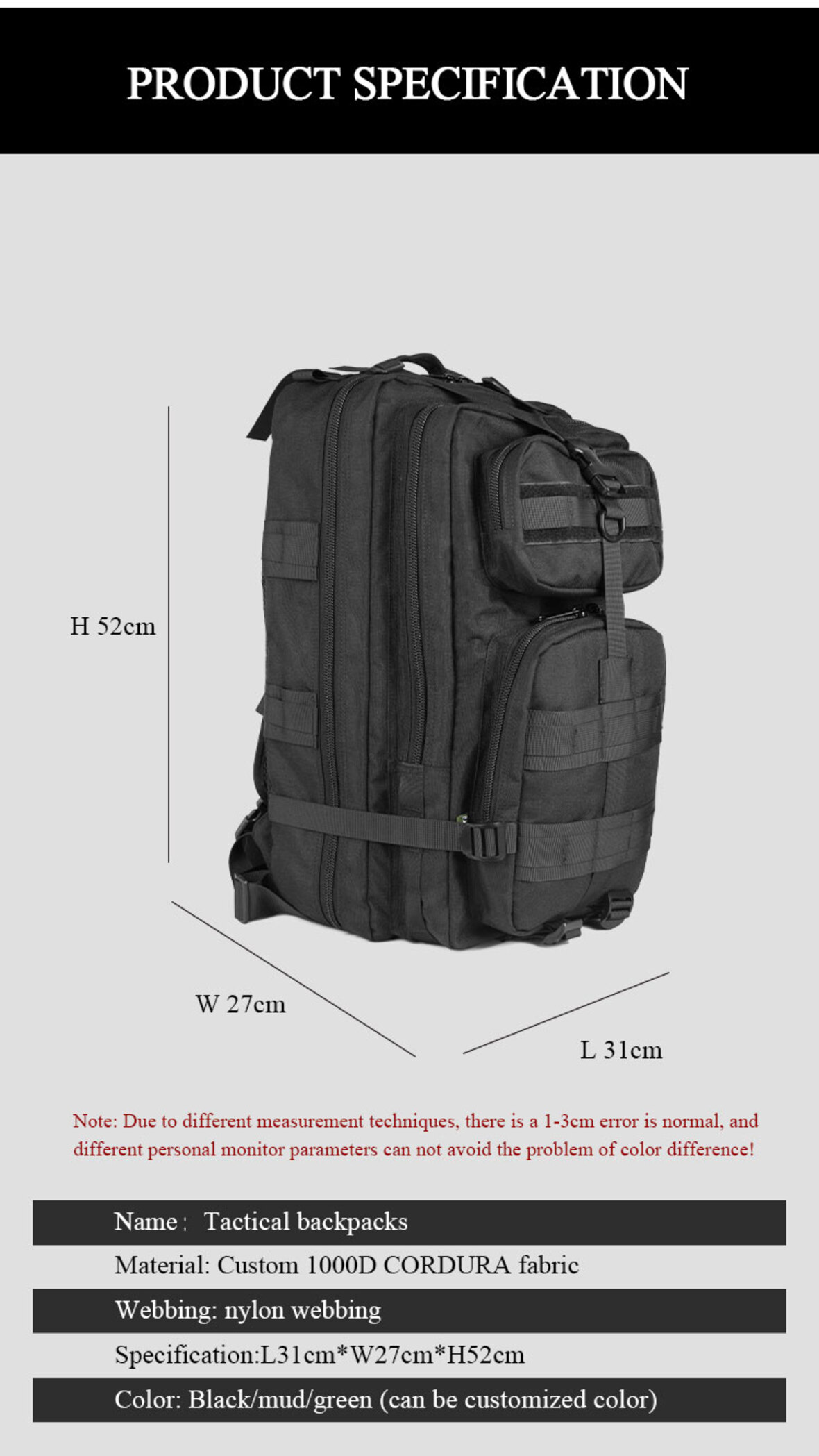 3P Black Tactical Backpack