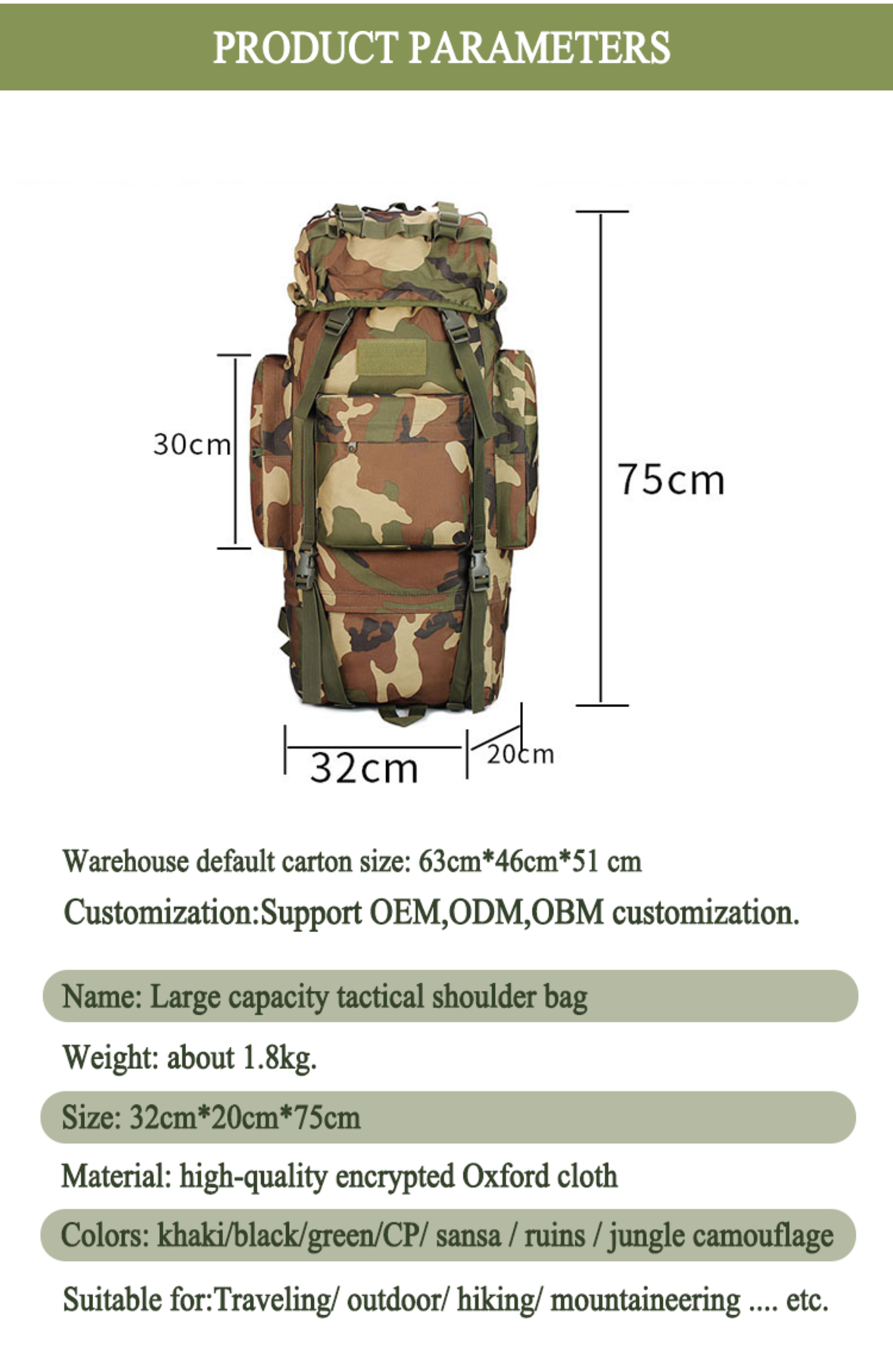 Customized large capacity tactical backpack