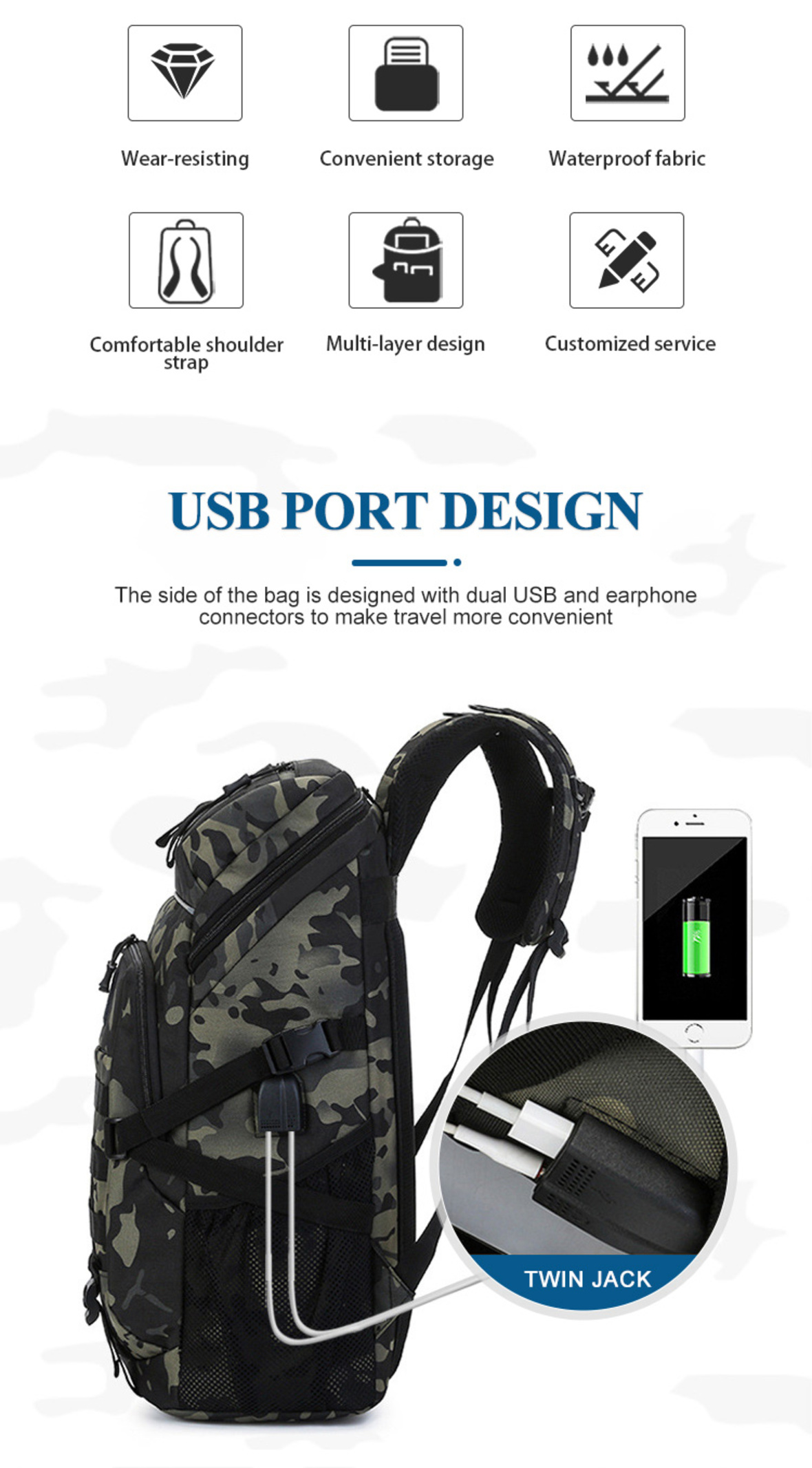 Travel backpack with USB port